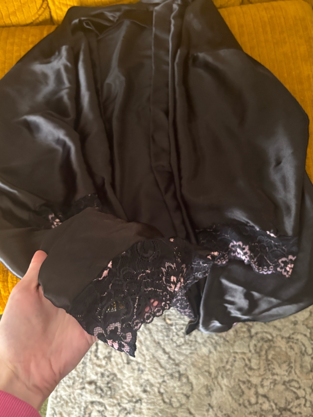 Black Satin robe with Pink Lace Accent — Women’s robe
